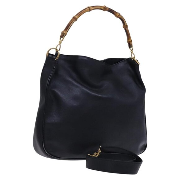 GUCCI Bamboo Hand Bag Leather 2way Black Gold Auth - Picture 1 of 16